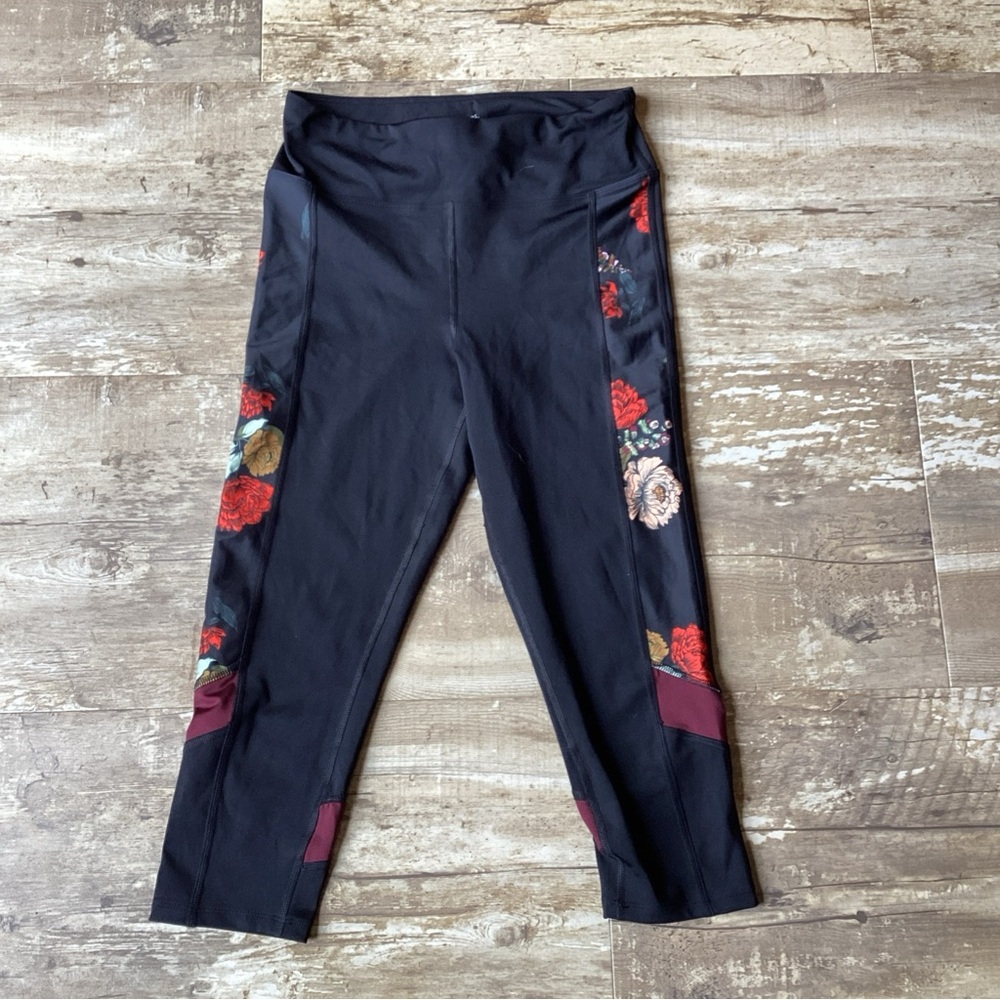 AURIQUE Sports Leggings Black Floral Women’s Large